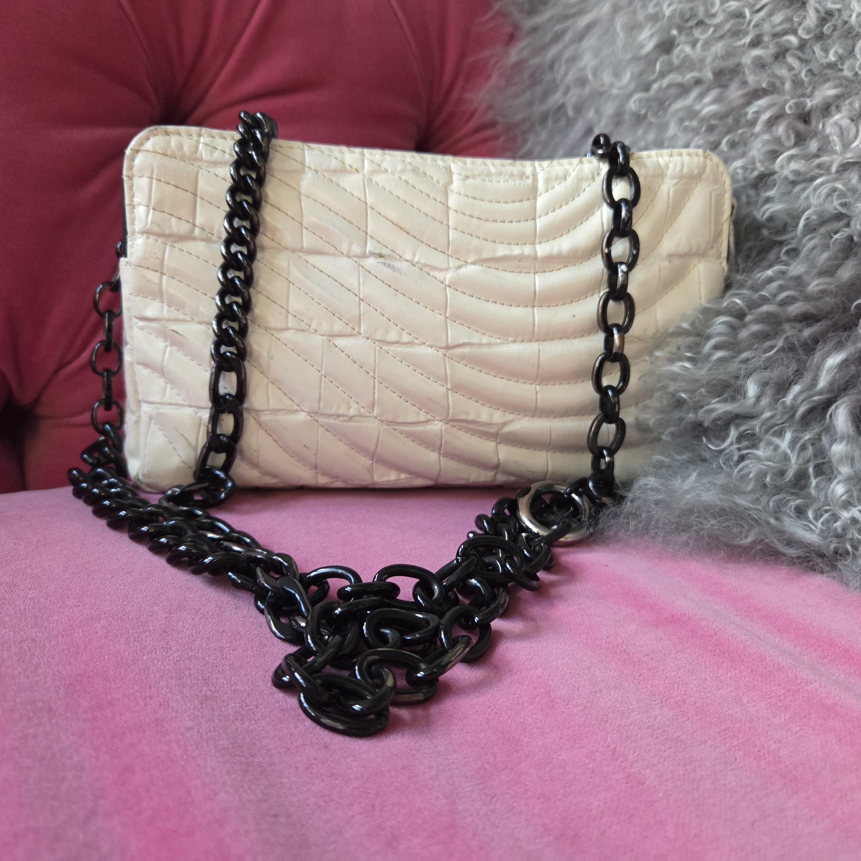 Henri Bendel Cream Quilted Shoulder Bag With Black Chain